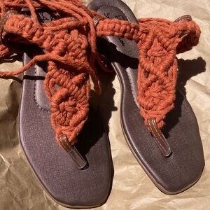 Orange crochet wrap sandals W 8
